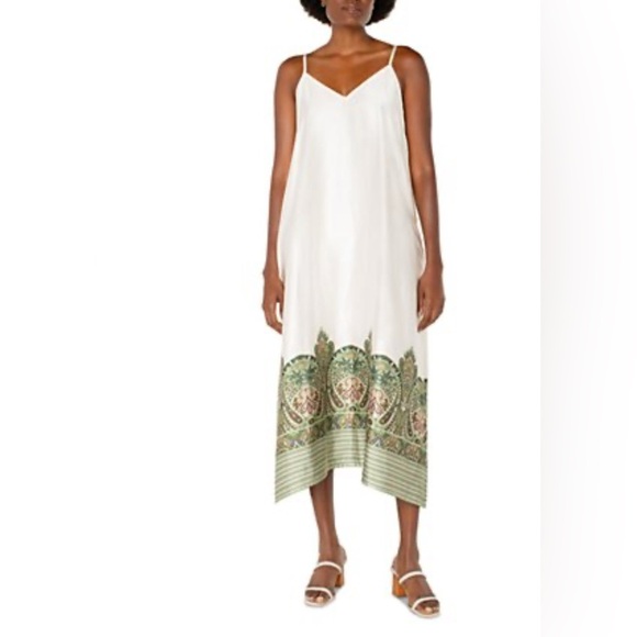 Liverpool Los Angeles Printed Border Maxi Dress size S/M Cream Olive Paisly - Picture 2 of 7